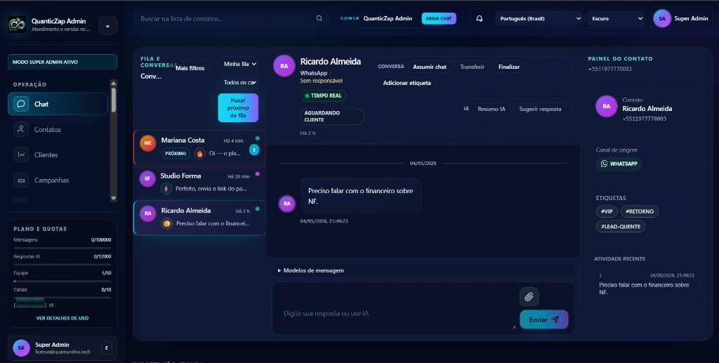 Captura de tela do atendimento com lista de conversas e painel lateral